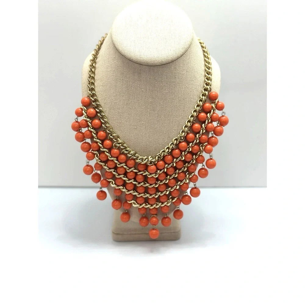 LUCIA‎  Signed Orange Beaded Statement Necklace Gold Tone Bib Fringe Chunky Bold